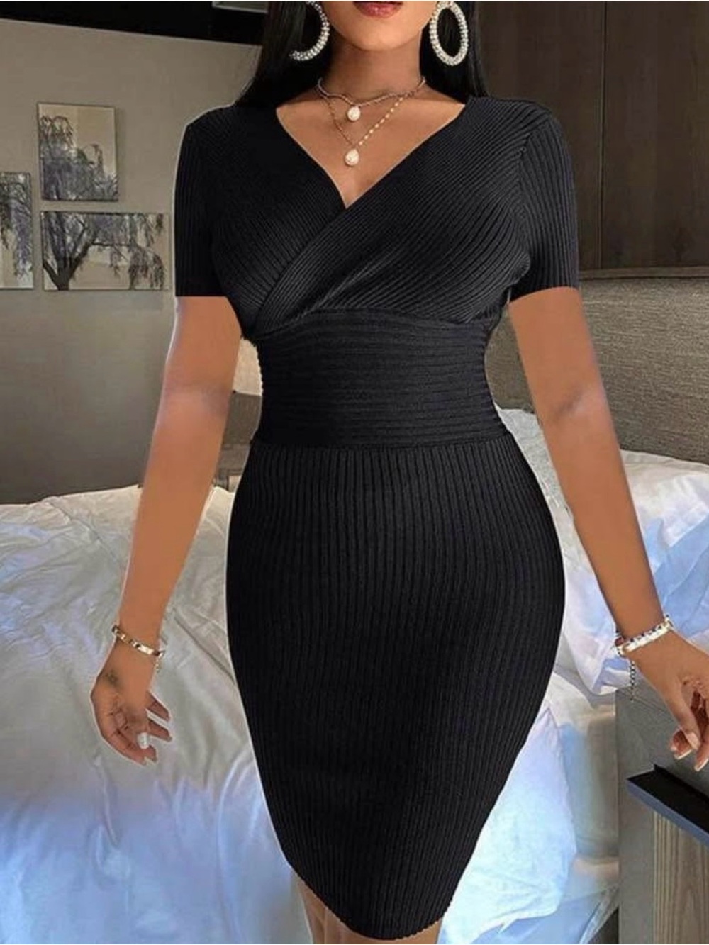 Sleek Black Ribbed Wrap Midi Dress